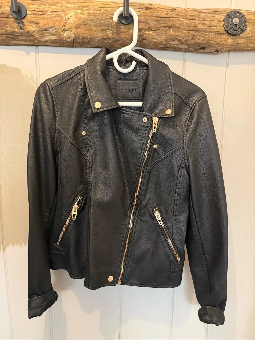 Women’s Black Faux Leather Moto Jacket with Gold/Rose Gold Hardware
